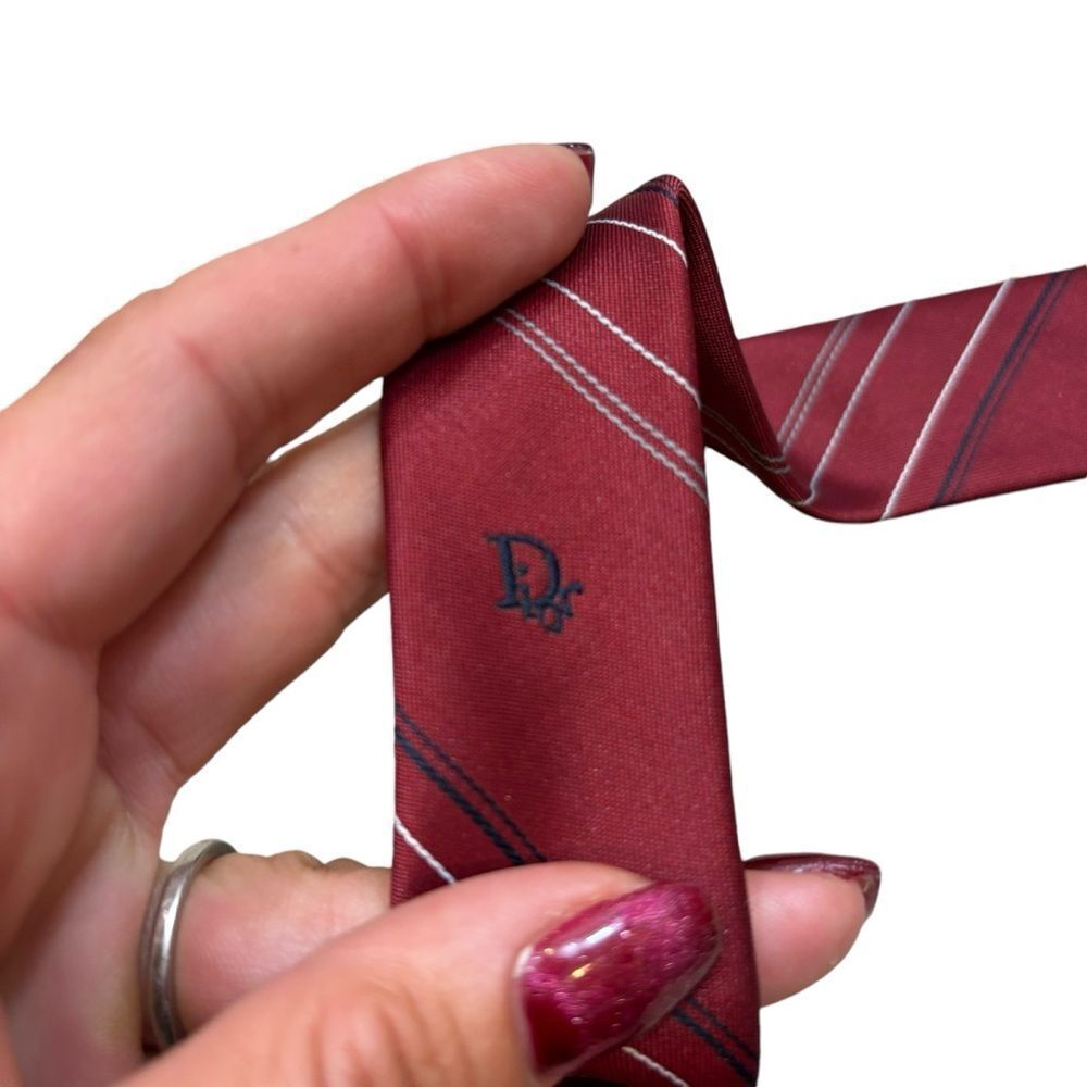 Vintage Men’s Christian Dior Burgundy Striped Silk Blend Tie - Picture 2 of 8